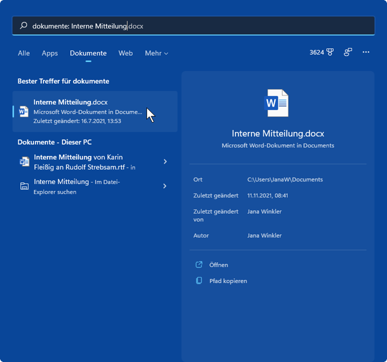 Ergebnis für eine Dokument-Suche