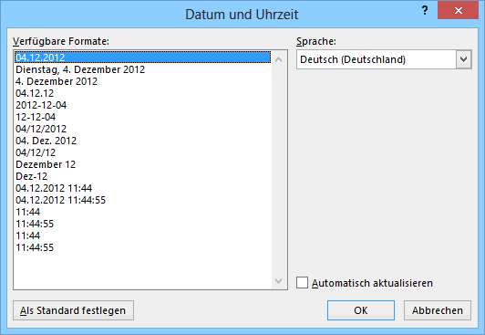Schnellbaustein Datum und Uhrzeit