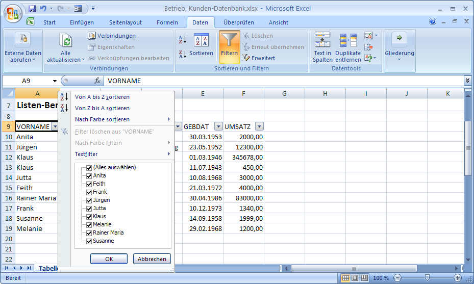 Excel 2007 Autofilter