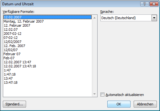 Datum und/oder Uhrzeit einfügen Word 2007 Datum einfügen