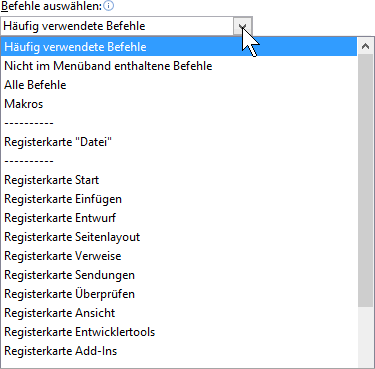 Symbolleiste für den Schnellzugriff Kategorie wählen
