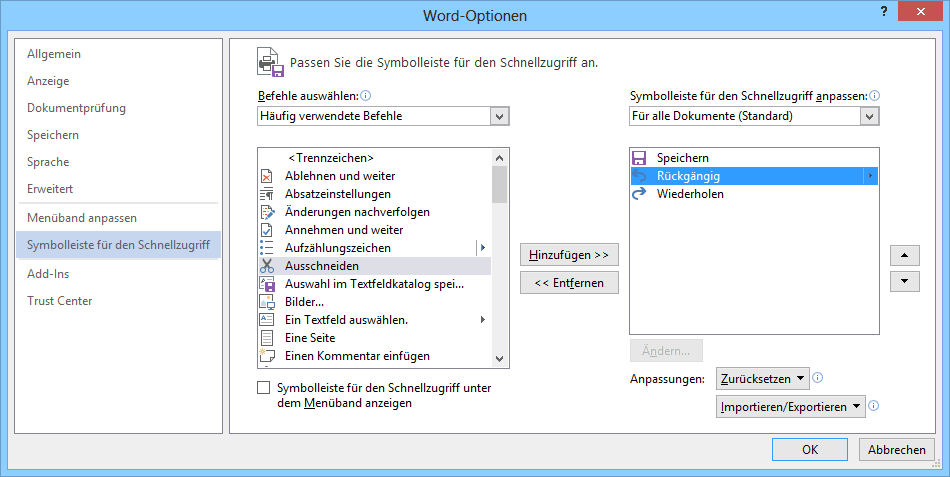 Symbolleiste für den Schnellzugriff Word-Optionen