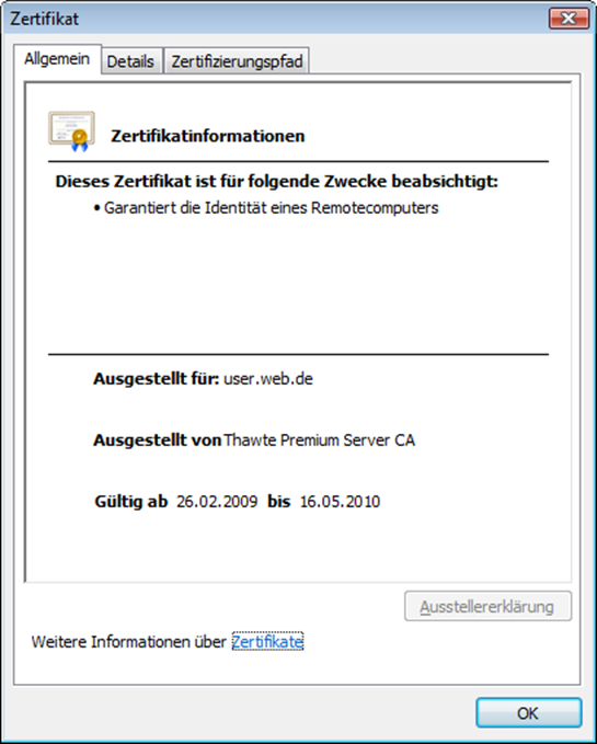 Internet Explorer 8 Zertifikatsinformationen Internet Explorer 8 Zertifikatsinformationen